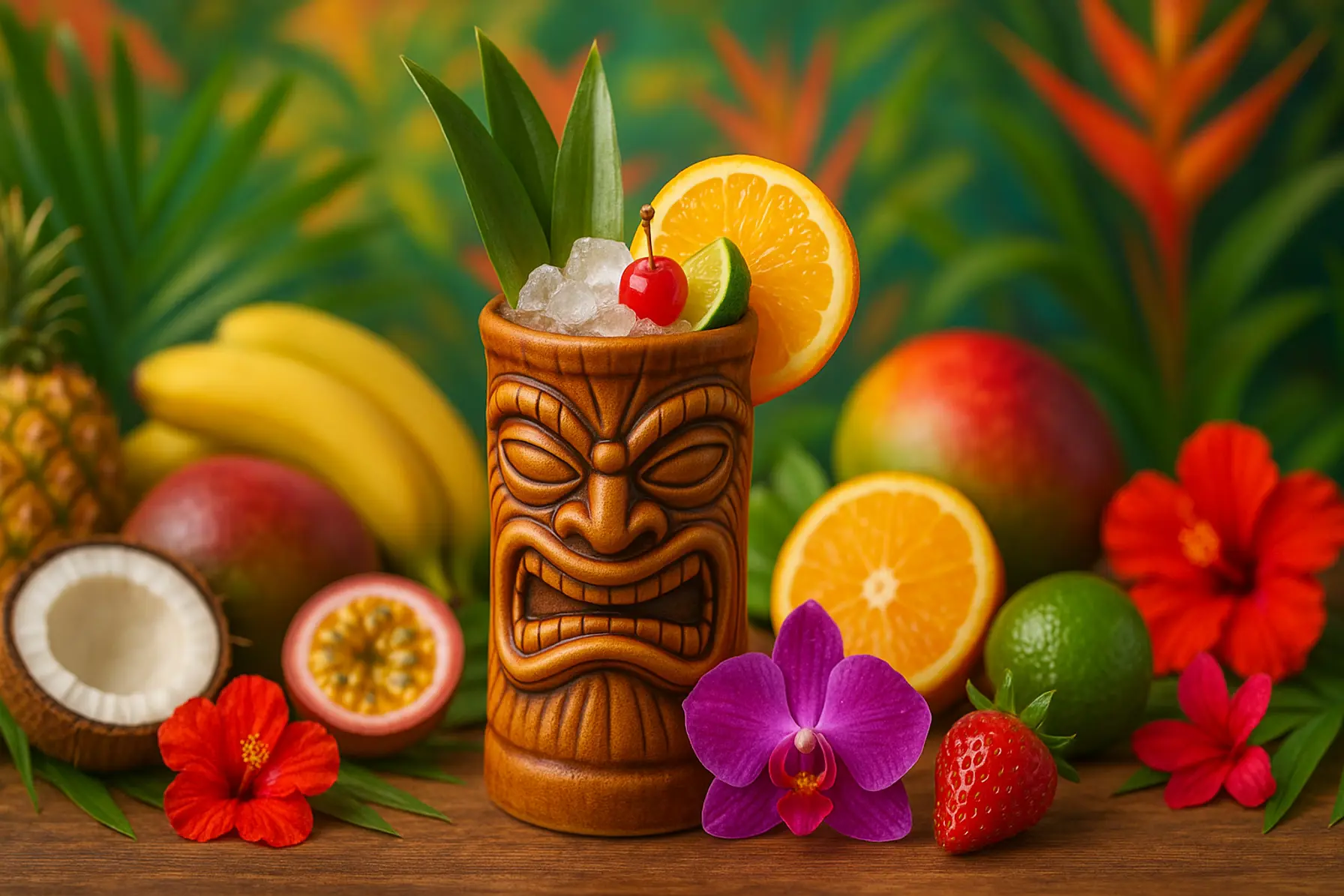 Tiki-cocktail med pynt og frisk frugt i et farverigt tropisk miljø